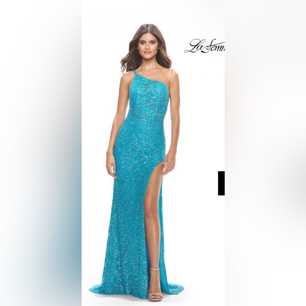 La femme 31515 Aqua Sequin Strapless Evening Gown with High Slit